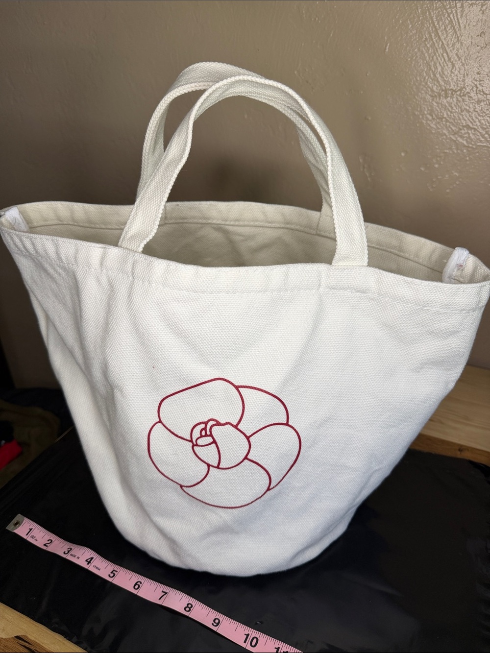 CHANEL BEAUTE Bag White Canvas Tote with Red Camellia Outline